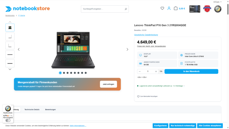 Lenovo ThinkPad P16 Gen 3 21RQ004QGE für 4.649 Euro.