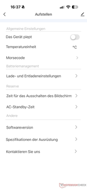 Menü mit weiteren Einstellungen