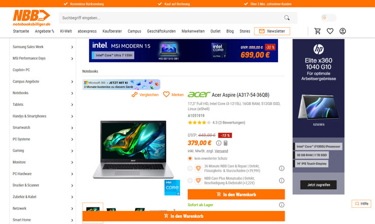 Acer Aspire 3 A317-54 für 379 Euro.