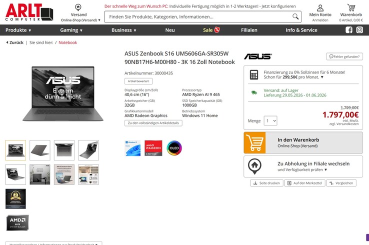 Asus ZenBook S16 UM5606GA-SR305W für 1.797 Euro.