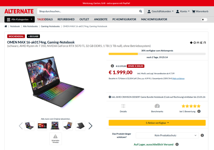 HP Omen Max 16-ak0174ng (BR5F0EA) für 1.999 Euro.