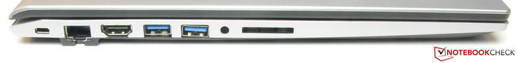 Linke Seite: Steckplatz für ein Kabelschloss, Gigabit-Ethernet, HDMI, 2x USB 3.1 Gen 1 (Typ A), Audiokombo, Speicherkartenleser (SDXC)
