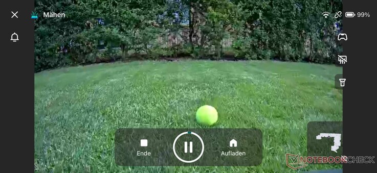 Hinderniserkennung (Tennisball) aus der Sicht des Mähroboters (Live-Video in der App)