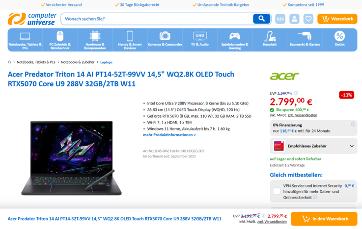 Acer Predator Triton 14 AI PT14-52T-99VV für 2.799 Euro.