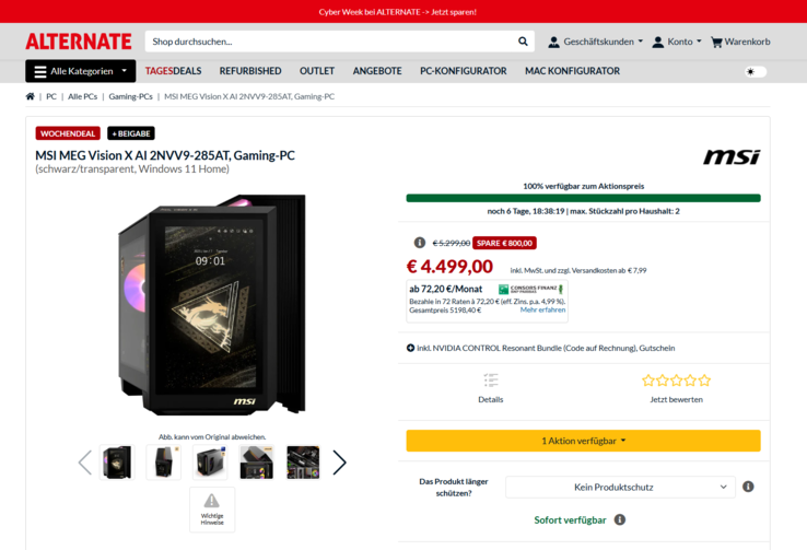 MSI MEG Vision X AI 2nd 2NVZ9-285AT für 4.499 Euro.