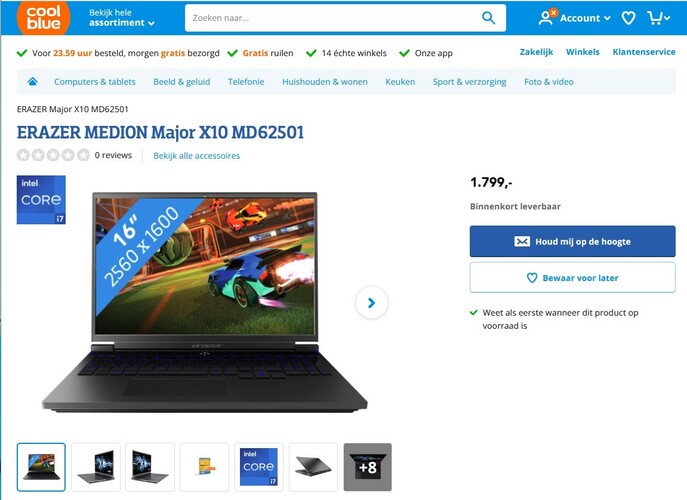 Coolblue listet den Erazer Major X10 als MD62501 zu einem Preis von 1.799 Euro.