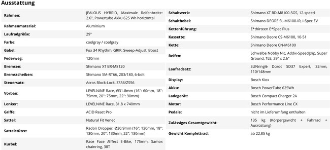 Die komplette Ausstattung des Radon Jealous Hybrid 10.0 E-MTB auf einen Blick (Bild: Bike-Discount)