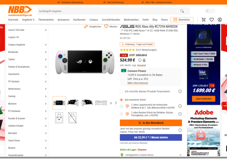 Asus ROG Xbox Ally RC73YA-NH002W für 524,99 Euro.