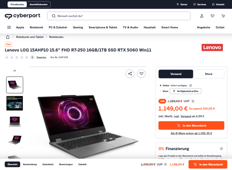 Lenovo LOQ 15AHP10 83JG00CTGE 1.149 Euro.