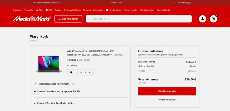 Im Warenkorb wird der Preis automatisch um 150 Euro reduziert. (Screenshot: MediaMarkt)