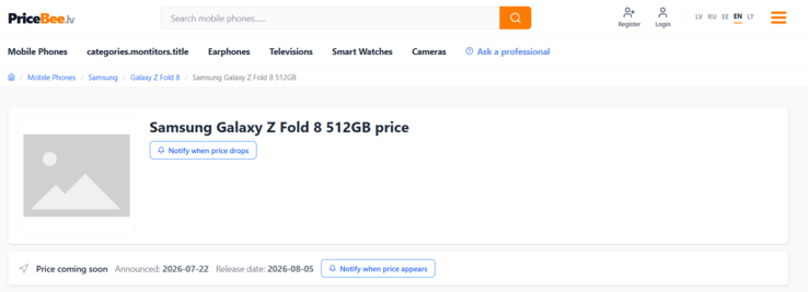 Pricebee aus Lettland nennt den 5. August als Verfügbarkeit für das Samsung Galaxy Z Fold 8.