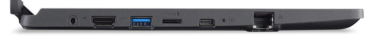 Linke Seite: Netzanschluss, HDMI, USB 3.2 Gen 1 (Typ A), Speicherkartenleser (MicroSD), USB 3.2 Gen 1 (Typ C; Displayport, Power Delivery), Gigabit-Ethernet