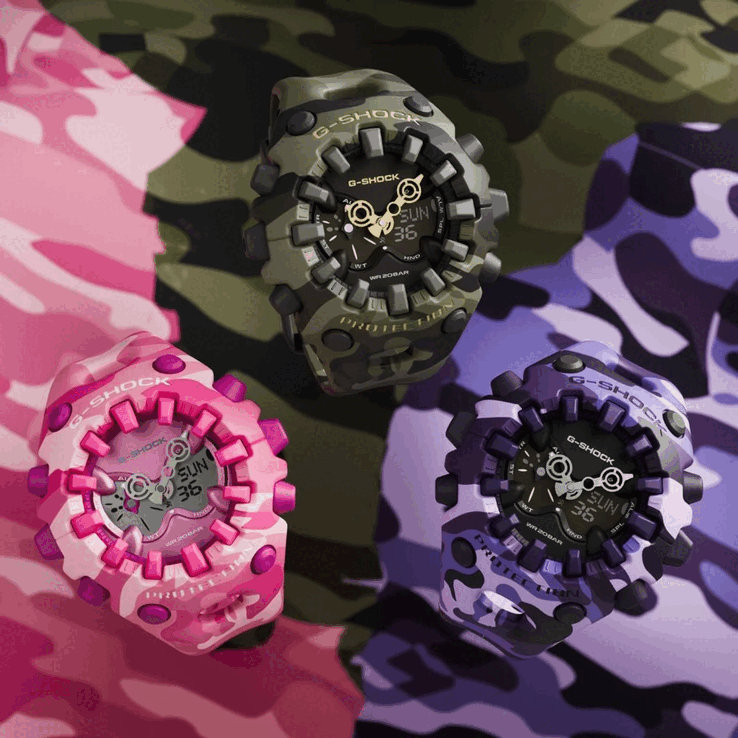 Die pinke G-Shock GA-V01MCG-4A und violette GA-V01CMG-6A