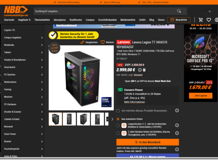 Lenovo Legion T7 34IAS10 90Y600AEGF für 2.999 Euro.