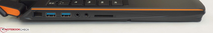 linke Seite: RJ45-LAN, 2x USB 3.0, Kopfhörer, Mikrofon, Cardreader