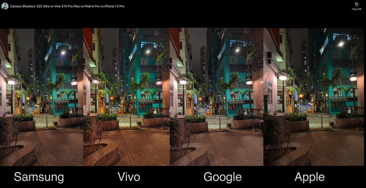Die Hauptkamera von Samsung, Vivo, Google und Apple bei Nacht.