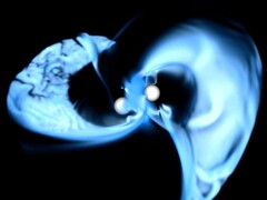 Im Bild: Ansicht einer Supercomputer-Simulation von verschmelzenden, magnetisierten Neutronensternen.