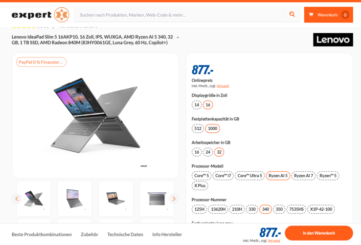 Lenovo IdeaPad Slim 5 16AKP10 83HY0061GE für 877 Euro.