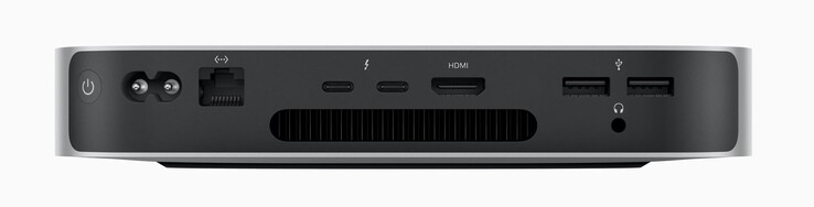Rückseite: Power-Button, Stromkabel, Ethernet, 2x USB-C 4.0 mit Thunderbolt 4 (40 GBit/s, DisplayPort-ALT-Modus), HDMI 2.0, 2x USB-A 3.2 Gen.1 (5 GBit/s), 3,5-mm-Audio (Bild: Apple)