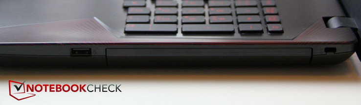 rechts: USB 2.0 Port-A, Kensington-Schloss-Anschluss und Dummy-DVD-Schublade