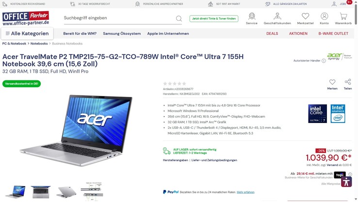 Acer TravelMate P2 TMP215-75-G2-TCO-789W für 1.039,90 Euro.