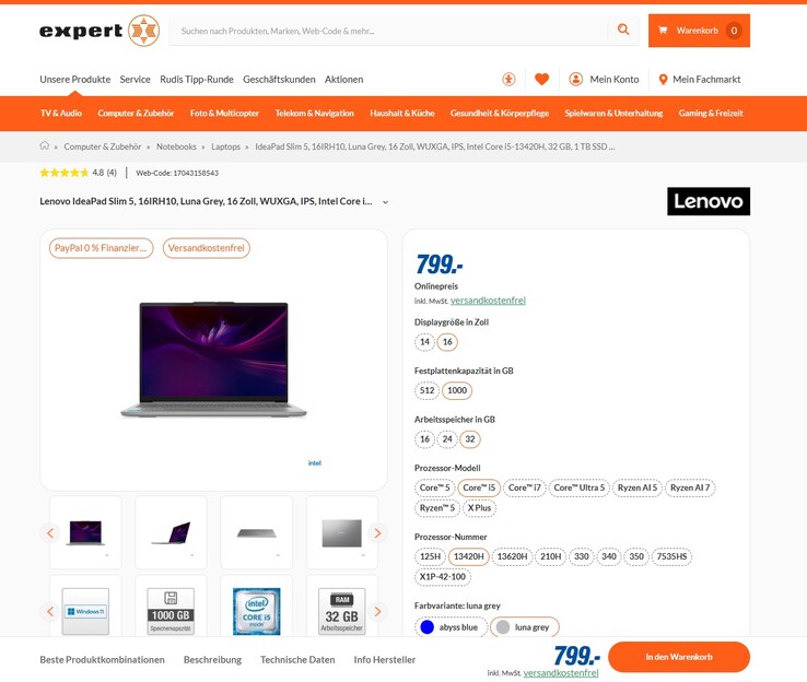 Lenovo IdeaPad Slim 5 16IRH10 83HS00BMGE für 799 Euro.