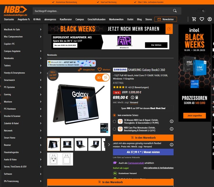 Samsung Galaxy Book3 360 (NP730QFG-KA3DE) im Angebot für 699 Euro.