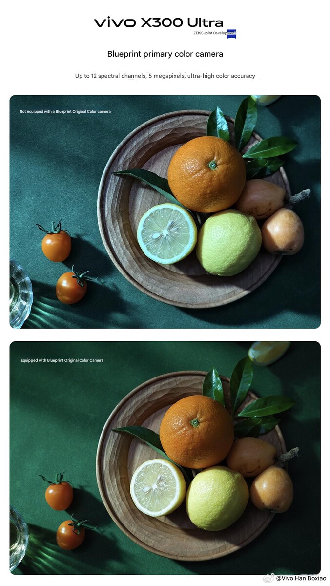 Vivo zeigt den Unterschied zwischen einer Aufnahme ohne (oben) und mit (unten) Multispektralsensor in der Kamera.