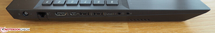 linke Seite: DC-in, RJ45-LAN, HDMI, Mini-DisplayPort, 2x USB 3.0, Thunderbolt 3, Headset, Mikrofon