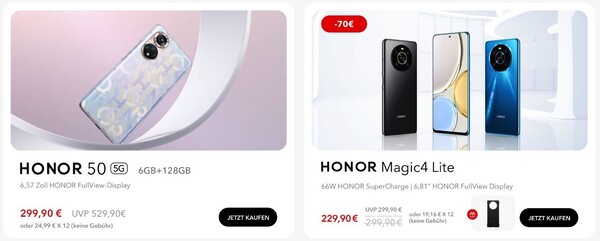 Auch Honor 50 sowie Honor Magic4 Lite 4G und Magic4 Lite 5G sind in den Jubiläumswochen günstiger.