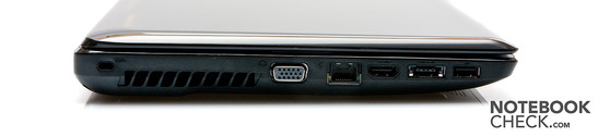Linke Seite:Kensington, VGA, LAN, HDMI, USB/E-SATA, USB
