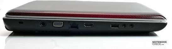 Linke Seite: Kensington Lock, Anschluss für das Netzteil, VGA, LAN, HDMI, USB 2.0, 2x Audio