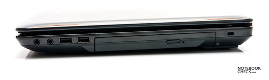 2x Audio (Kopfhörer und Mirkofon), 2x USB 2.0, optisches Laufwerk, Kensington Lock