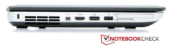 linke Seite: Kensington Lock, Fire Wire, HDMI, USB/E-SATA, USB 2.0, Express Card, Kartenleser