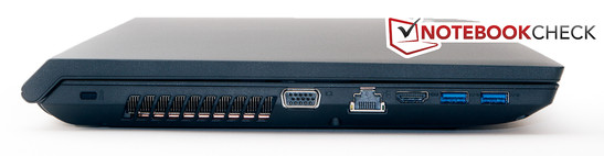 Linke Seite: Kensington Lock, VGA, LAN, HDMI, 2x USB 3.0