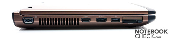 Linke Seite: VGA, HDMI, USB 2.0/E-SATA, USB 2.0, Kartenleser, Express Card 34