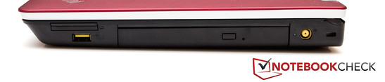 rechte Seite: 1x ExpressCard 34, 1x USB 2.0, 1x optisches Laufwerk, 1x Netzanschluss, 1x Kensington Lock