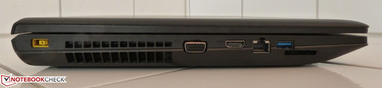 Links herrscht Gedränge: Power, Lüfter, VGA, HDMI, LAN, USB 3.0 und SD.
