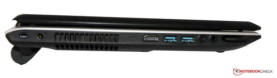 Linke Seite: Kensington Lock, Netzteil, HDMI, 2x USB 3.0, LineIn, LineOut, SD-Cardreader