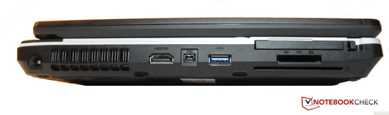 linke Seite: Netzteil, HDMI, Firewire, USB 3.0, Express Card, Kartenlesegerät, SmartCard-Leser
