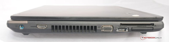 Linke Seite: Stromanschluss, HDMI, VGA, USB/eSata, ExpressCard, SmartCard-Lesegerät