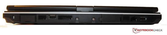 Rückseite: Kensington Lock, UMTS-Modul, USB 2.0, VGA, LAN, USB 2.0