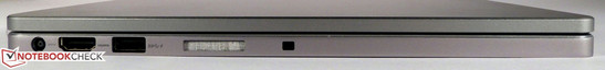 Linke Seite: Power, HDMI, USB 3.0, Lautsprecher und Sicherheitsöffnung