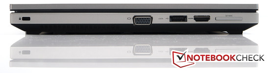 linke Seite: Kensington Lock, VGA, USB 2.0/eSATA, HDMI, 2-in-1-Kartenleser