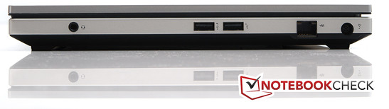 rechte Seite: kombinierter Mikrofon-/Kopfhörer-Anschluss, 2x USB 2.0, LAN, Netzanschluss