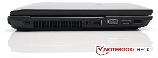 Linke Seite: Kensington Lock, Netzanschluss, LAN, VGA, HDMI, USB 2.0