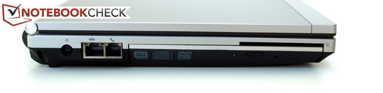 Linke Seite: Stromanschluss, RJ-45 (LAN), RJ-11 (Modem), optisches LW, SmartCard-Leser