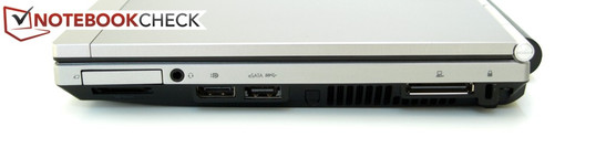 Rechte Seite: ExpressCard34, Kartenleser, Kombi-Audio-Buchse, DisplayPort, eSATA/SS-USB-Kombi, Lüfter, Docking-Port, Kensington-Lock