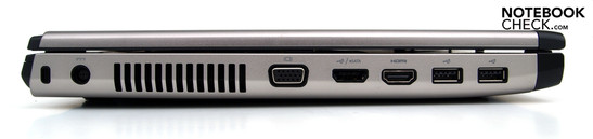 Linke Seite: Kensington Security Slot, Stromanschluss, Lüfter, eSATA/USB Kombi, HDMI, 2xUSB-2.0