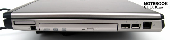 Rechte Seite: ExpressCard/34 Slot, IEEE 1394 (FireWire), optisches Laufwerk, 2xUSB-2.0, RJ45 (LAN)
